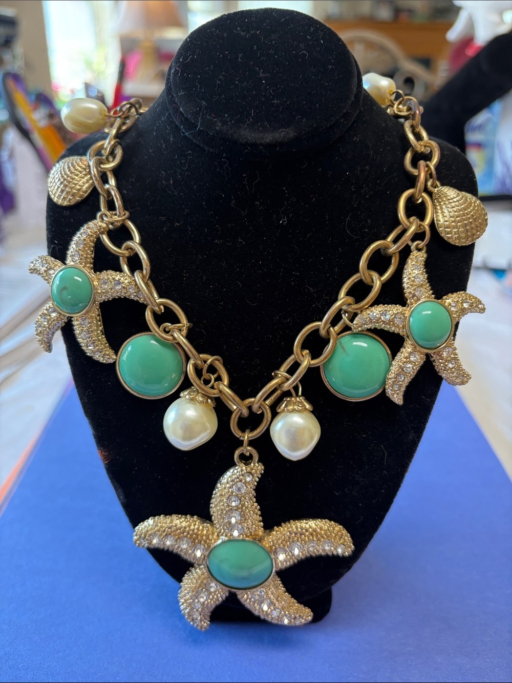Gold-Tone Starfish Statement Necklace with Turquoise and Pearl Accents